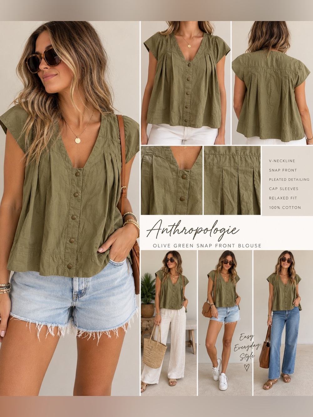Anthropologie Olive Green Pleated Snap Front Swing Blouse Top Size Small